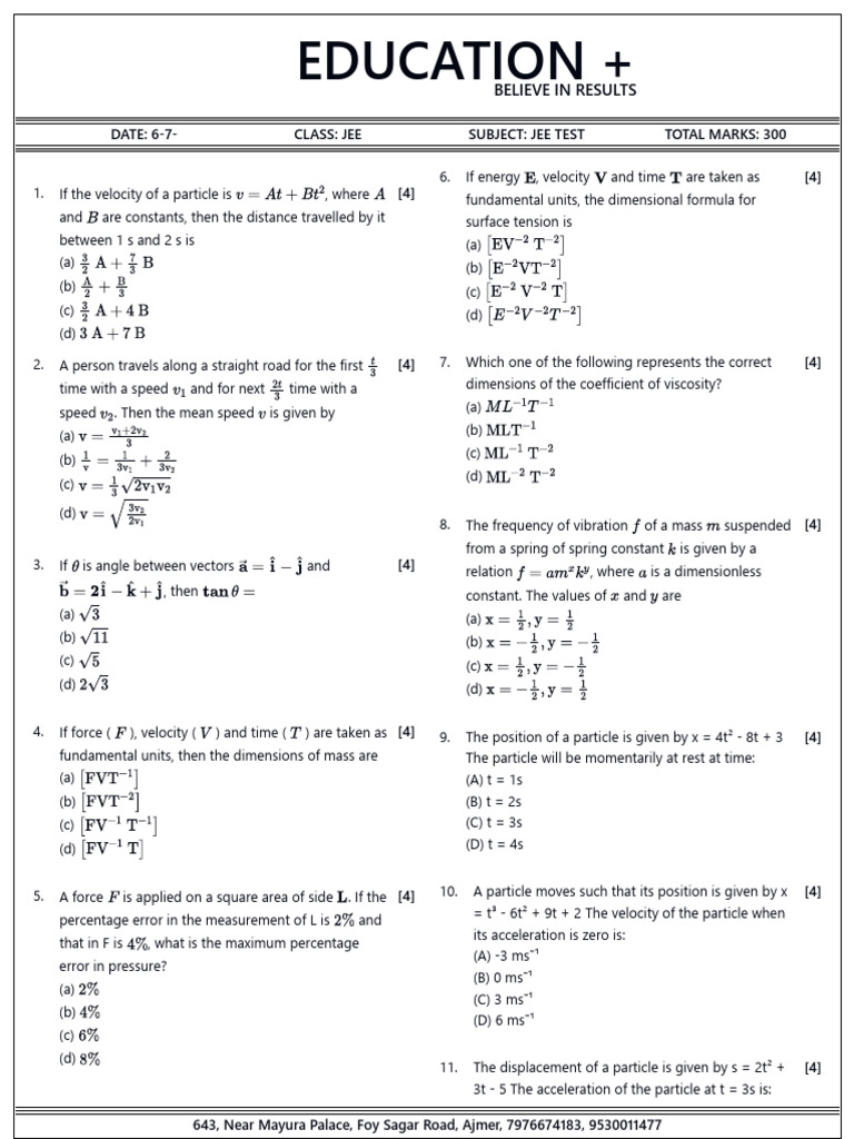 JEE Physics and Mathematics Test 2025 | PDF | Mole (Unit) | Chemical ...
