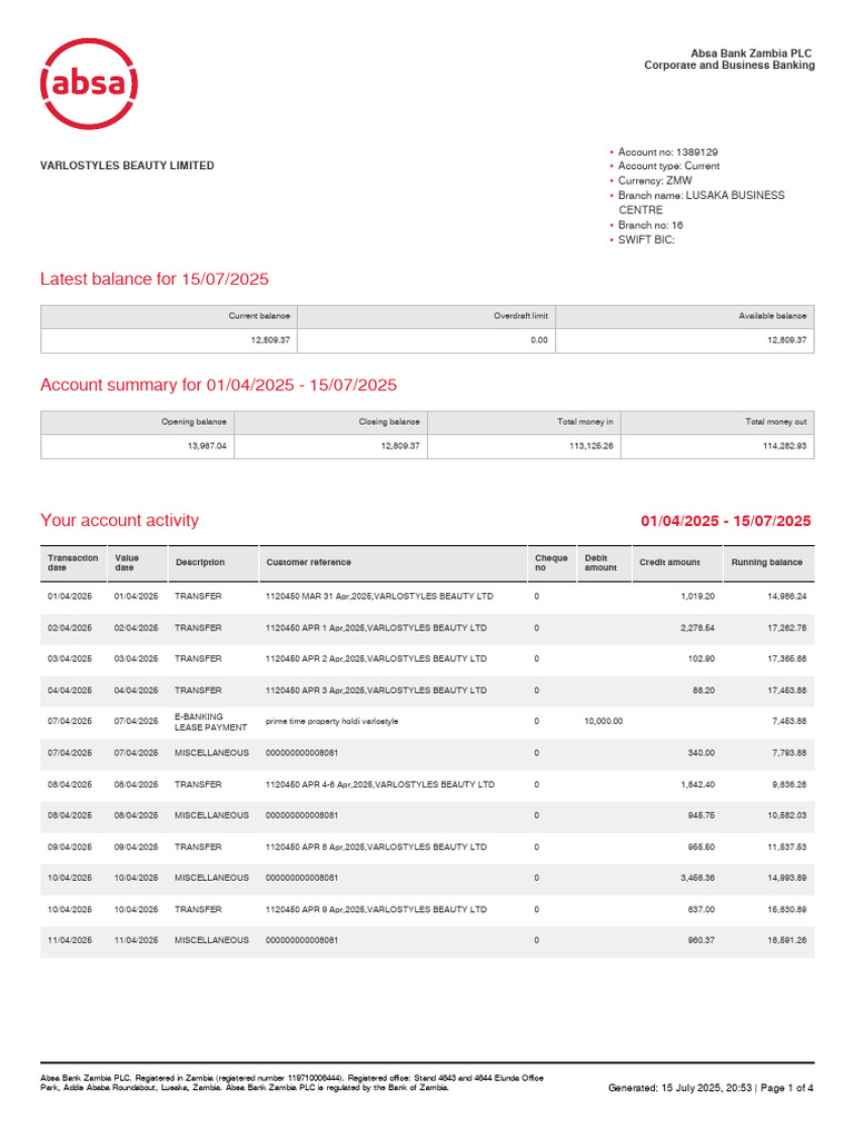 Absa Bank Zambia Account Statement | PDF | Banks | Payments