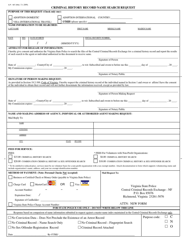 VA Criminal History Form SP167 Criminal Record Sex Offender