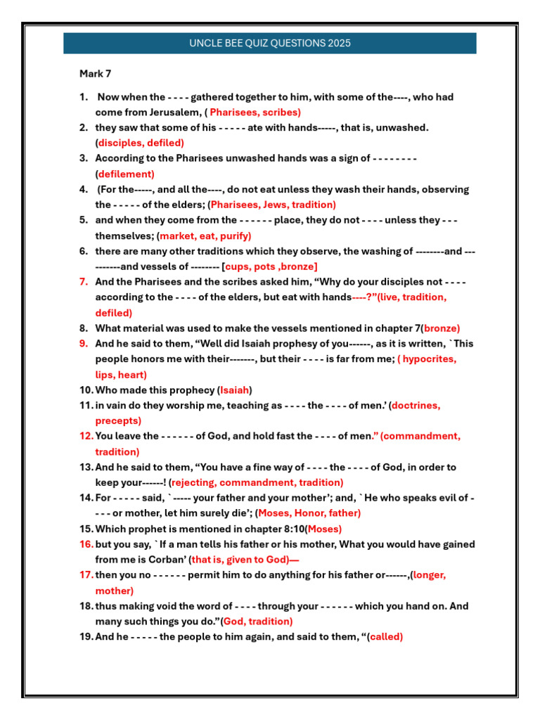 Mark 7 Quiz Questions and Answers | PDF | Ten Commandments | Religious ...