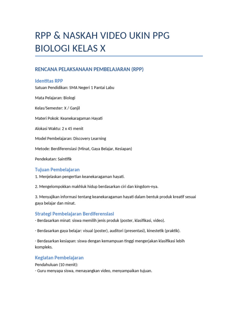 RPP UKIN Biologi KelasX Keanekaragaman | PDF