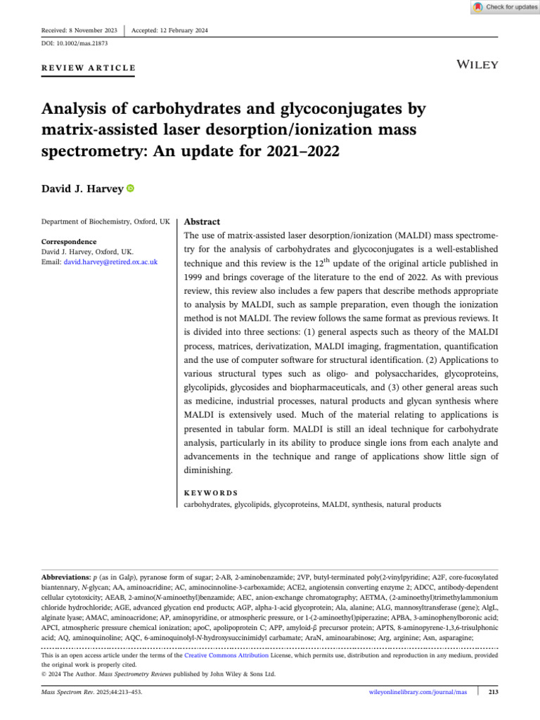 Mass Spectrometry Reviews - 2024 - Harvey - Analysis of Carbohydrates ...