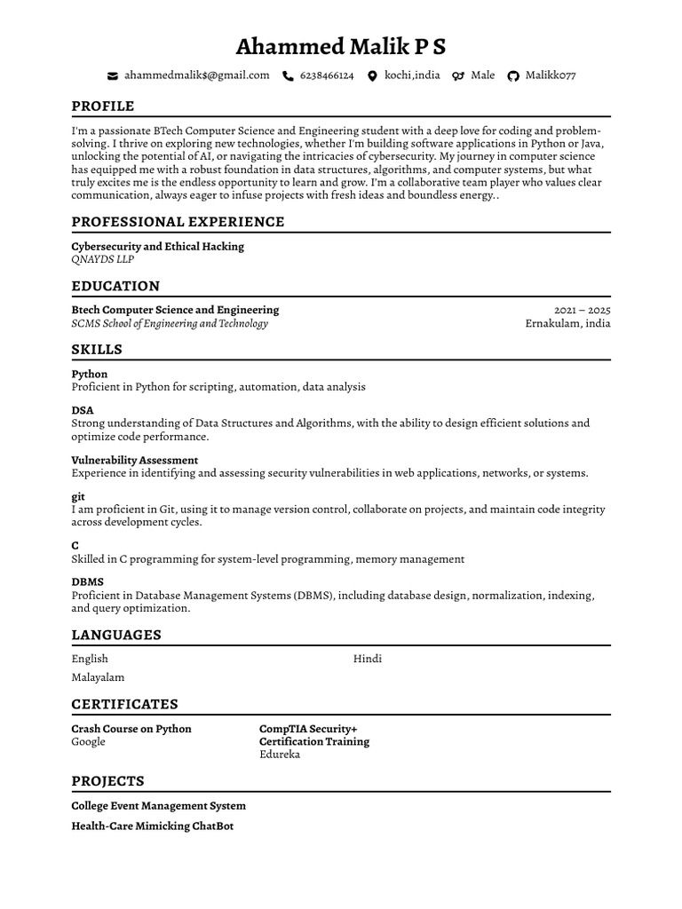 Ahammed Malik P S FlowCV Resume 20250422 | PDF