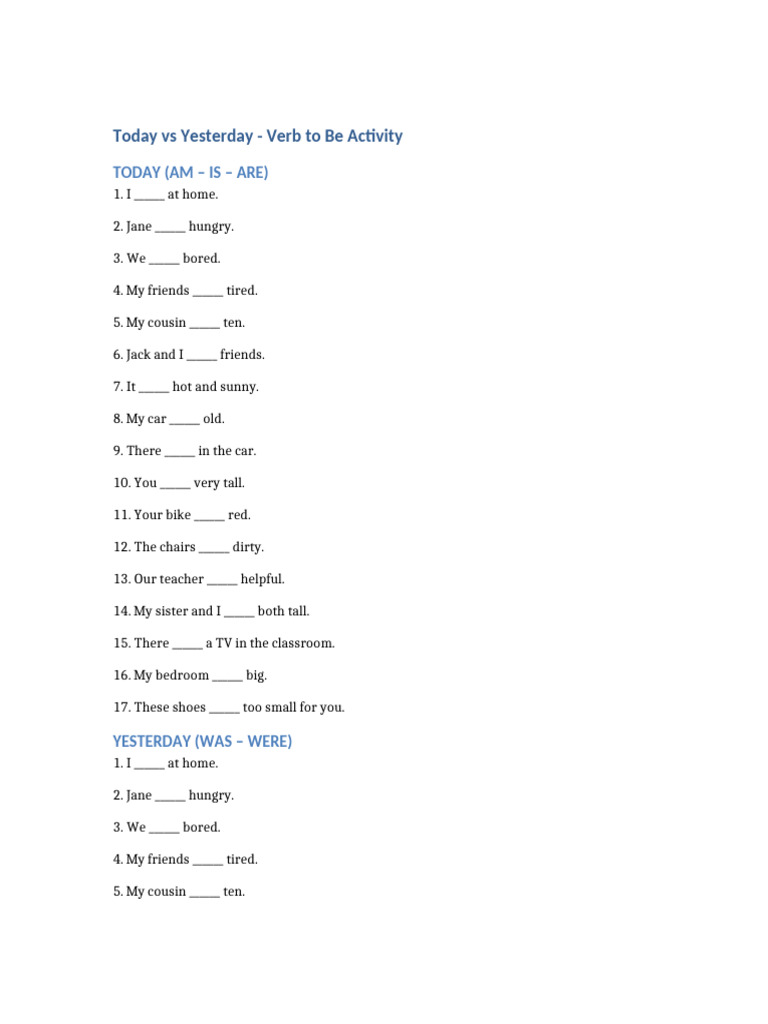 Yesterday vs Today: Verb to Be Exercise | PDF