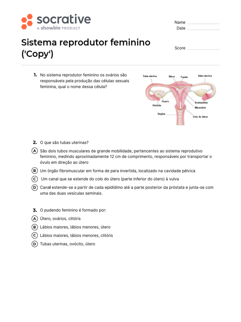 Quiz sobre Sistema Reprodutor Feminino | PDF | Sistema reprodutivo | Vagina