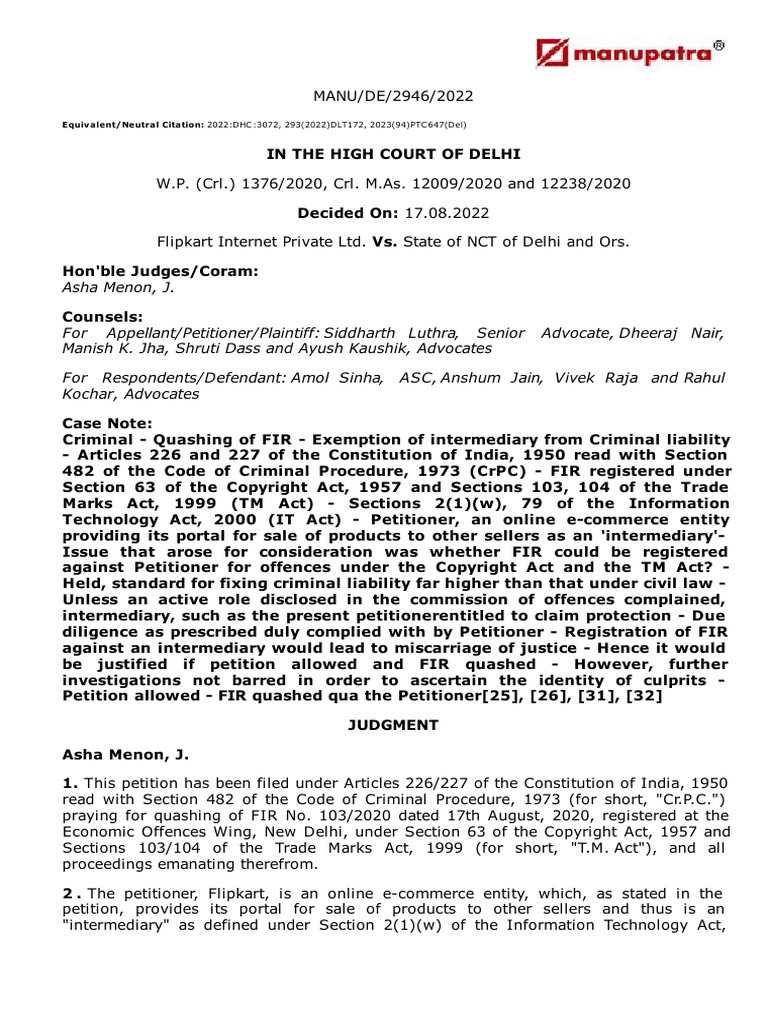 Flipkart's Quashing of FIR in Delhi Court | PDF | Trademark | Online ...
