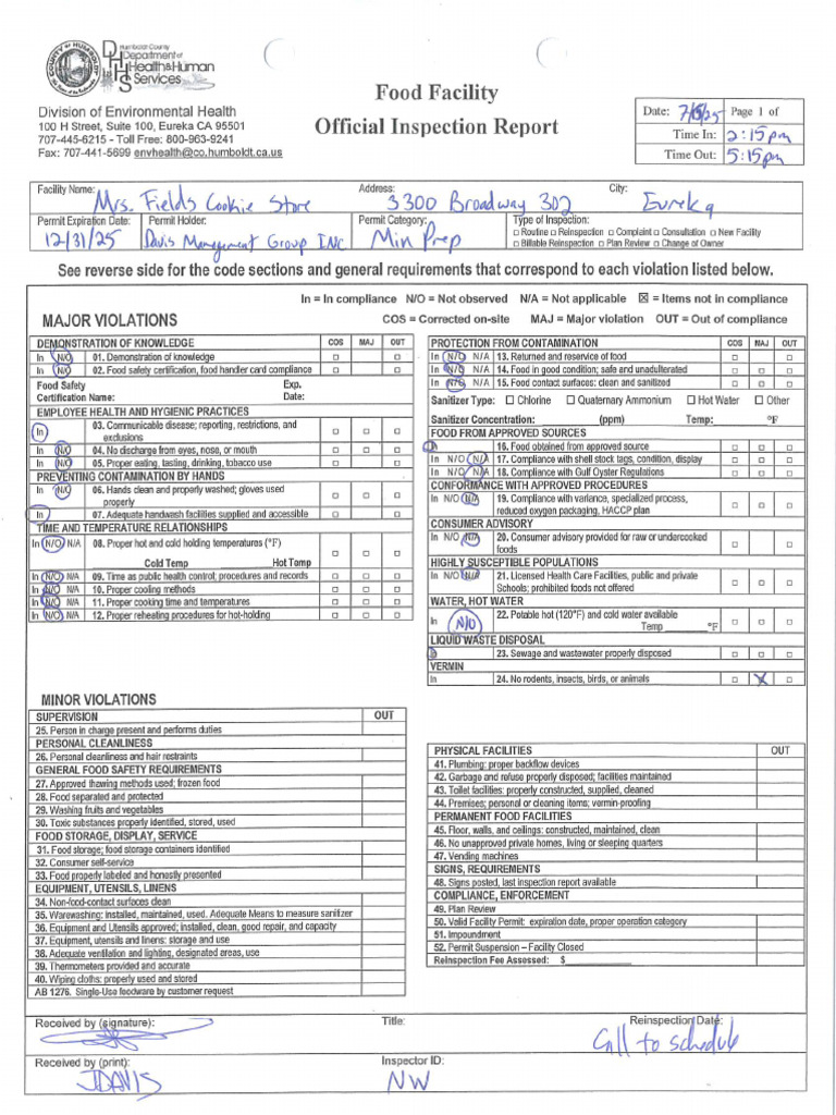 Health Inspection: Mrs. Fields | PDF