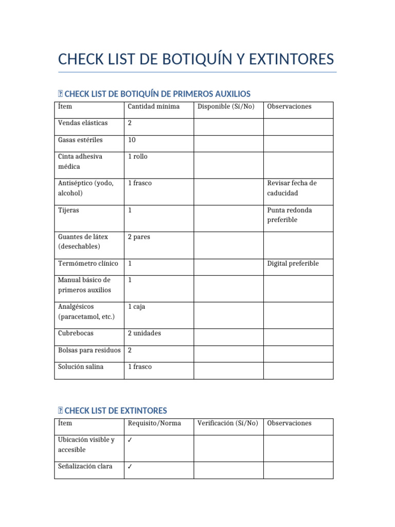 Check List Botiquín y Extintores | PDF