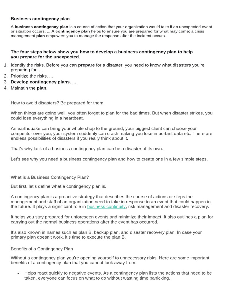 Creating a Business Contingency Plan | PDF | Risk | Business