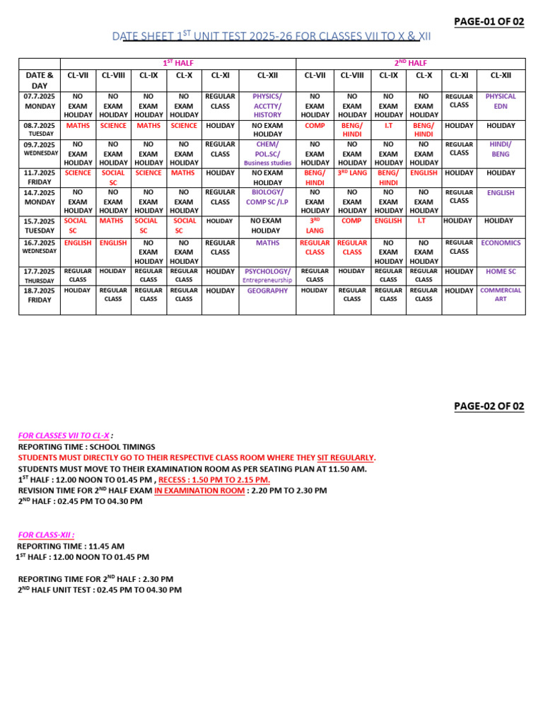 CL Exam Routine 2025-26 | PDF
