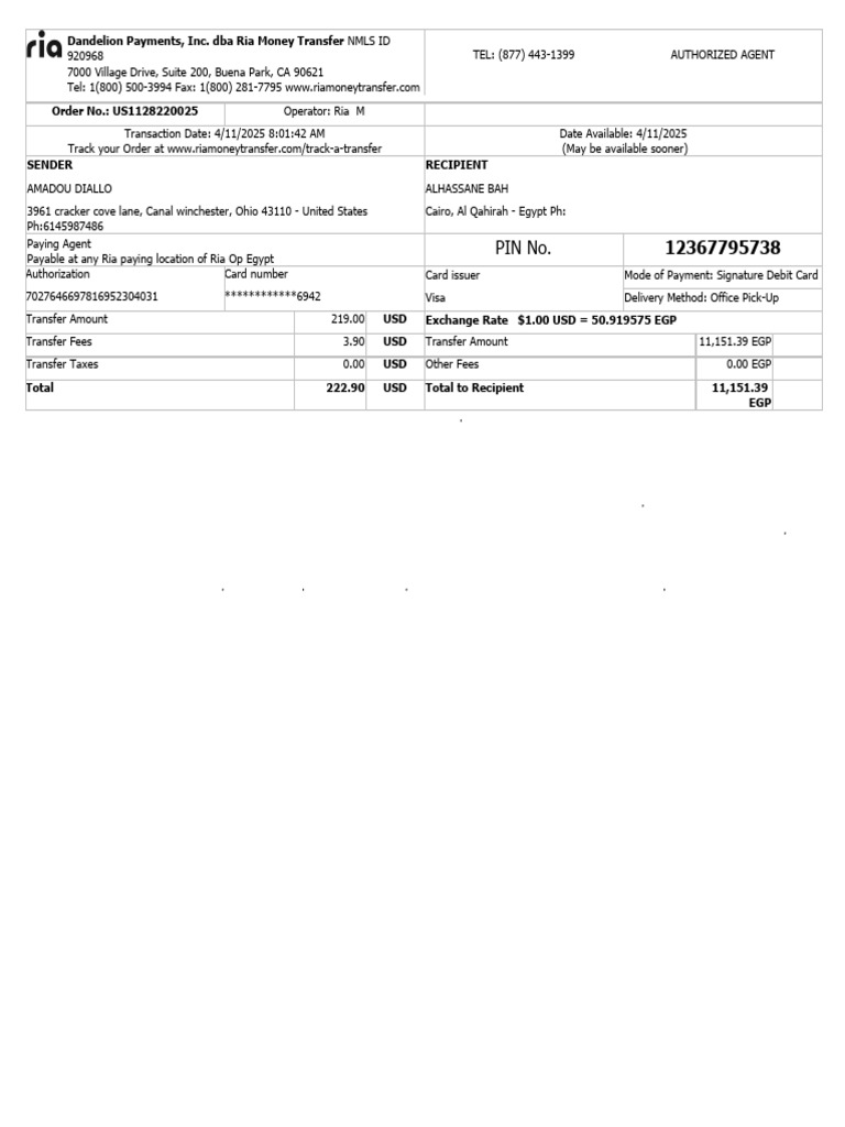 Ria Order Receipt US1128220025 | PDF