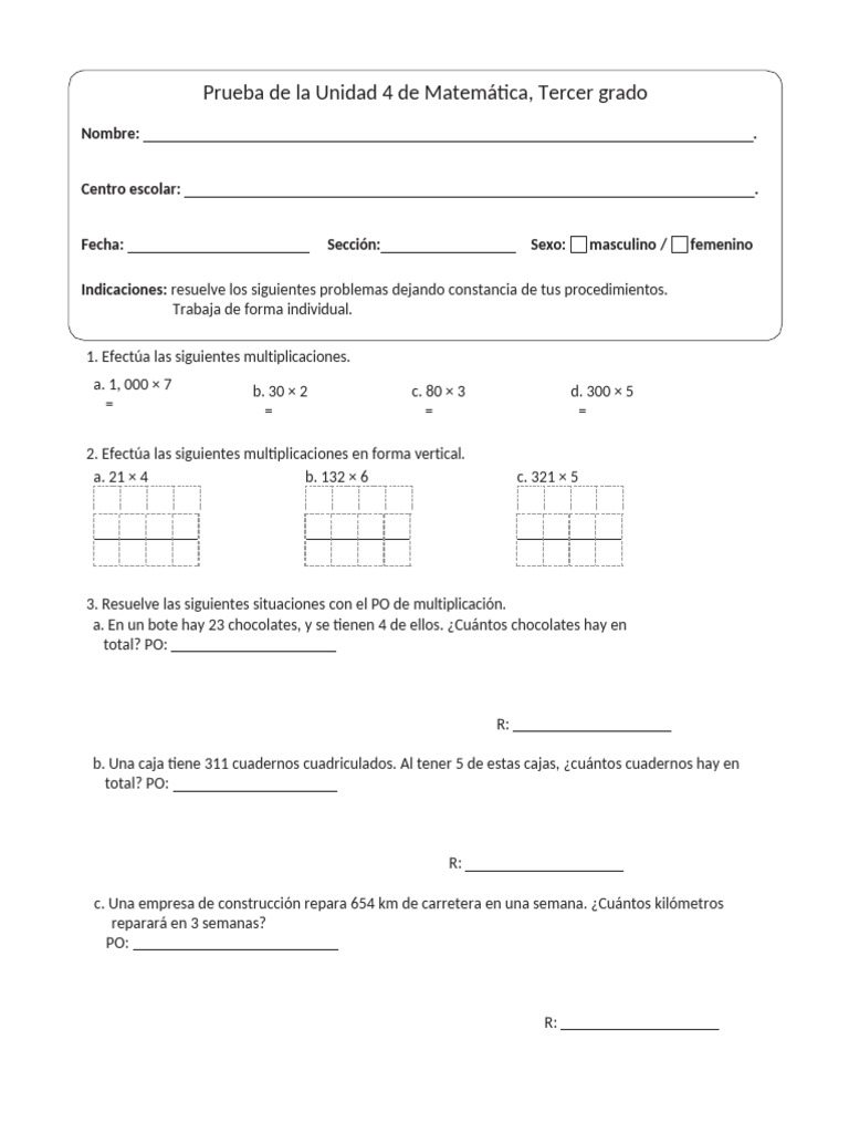Prueba de La Unidad 4 de Matemática, Tercer Grado: Nombre | PDF