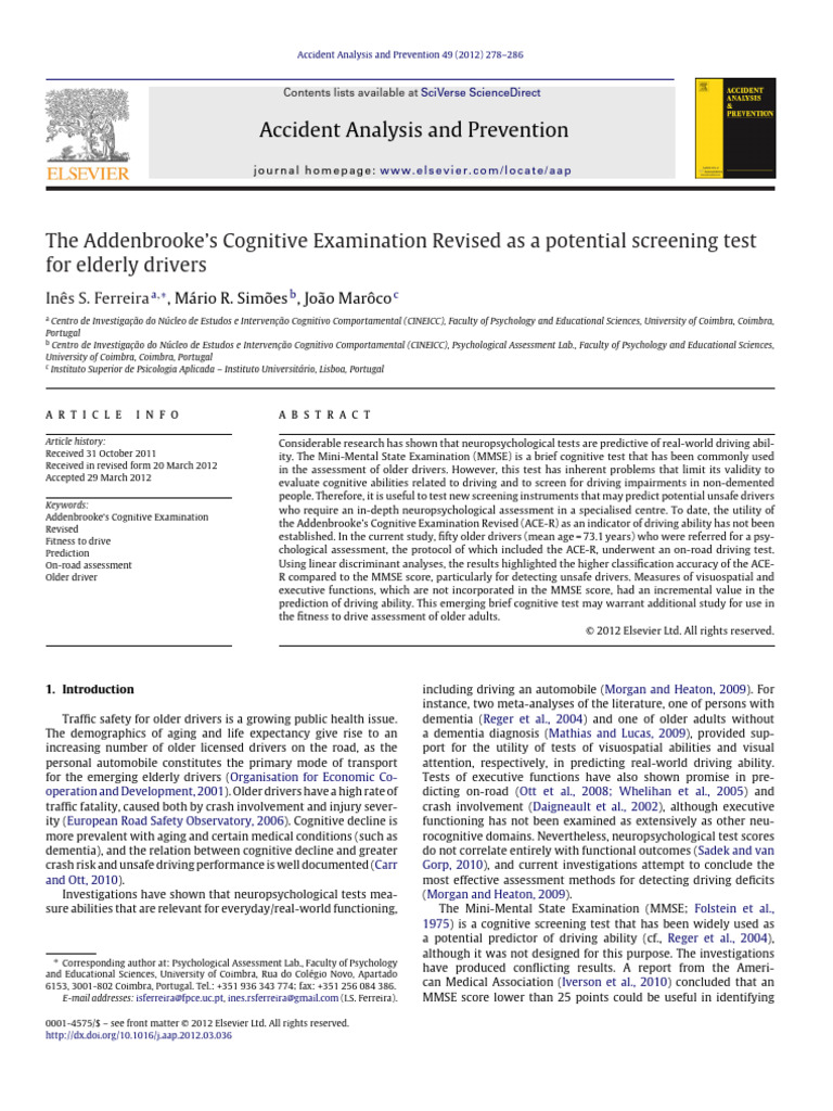 ACE-R as a Screening Tool for Elderly Drivers | PDF | Dementia | Neurology