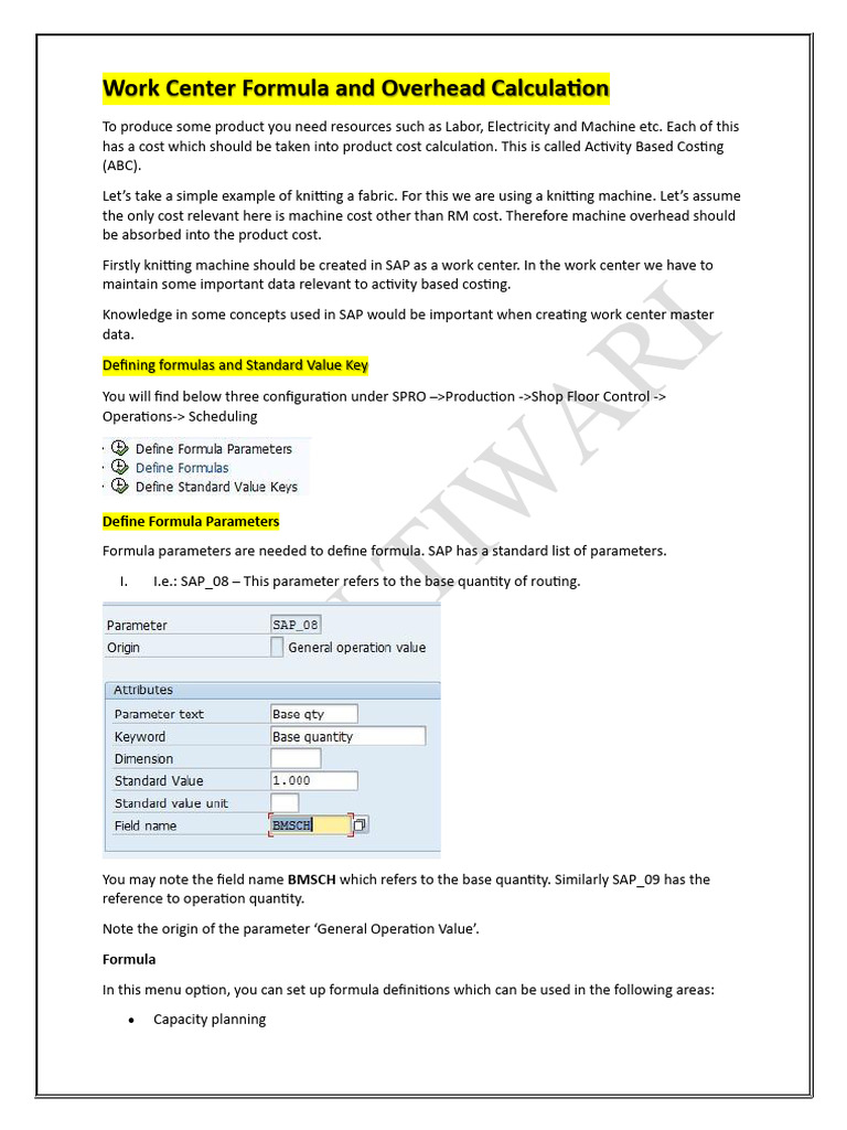 Work Center Cost Formula in SAP | PDF | Formula