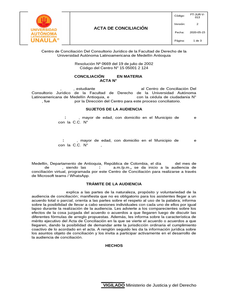 FT-JUR-V - 013 Acta de Conciliación | PDF | Justicia | Crimen y violencia