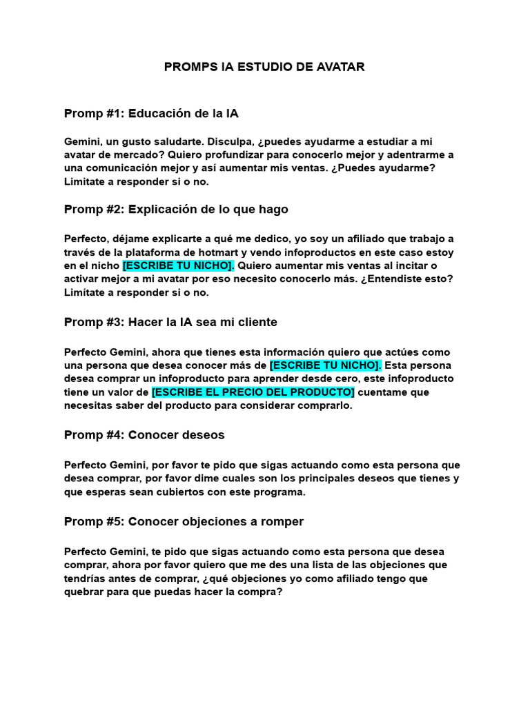 Prompts IA para Estudio de Avatar | PDF | Inteligencia artificial ...