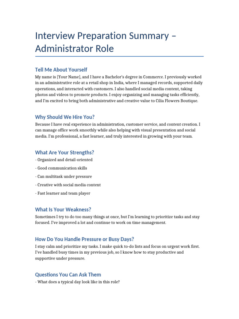 Interview Preparation Summary Admin Boutique | PDF