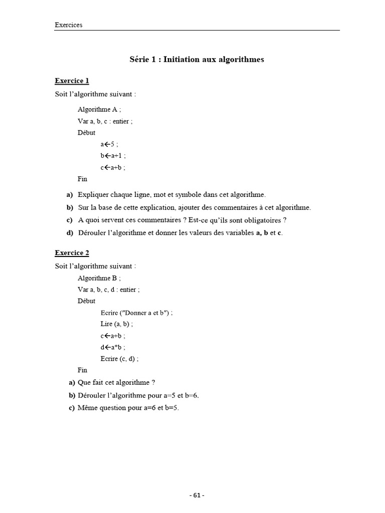 Exercices d'initiation aux algorithmes | PDF | Nombre | Matrice ...