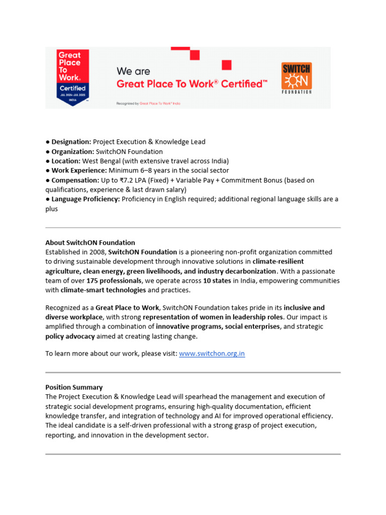 SwitchON Foundation Project Lead Salary | PDF | Artificial Intelligence ...