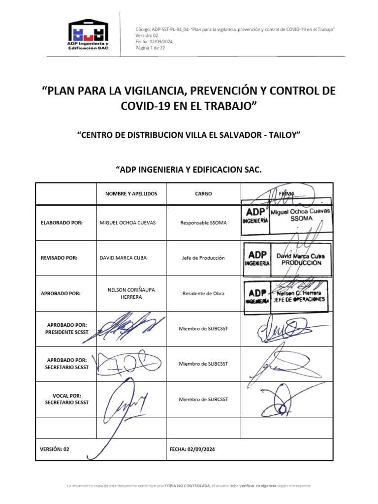 Plan de Control COVID-19 Laboral 2024 | PDF | Seguridad y salud ...