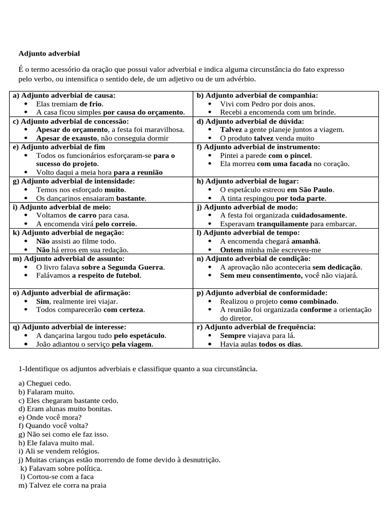 Exercícios sobre Adjunto Adverbial | PDF | Advérbio