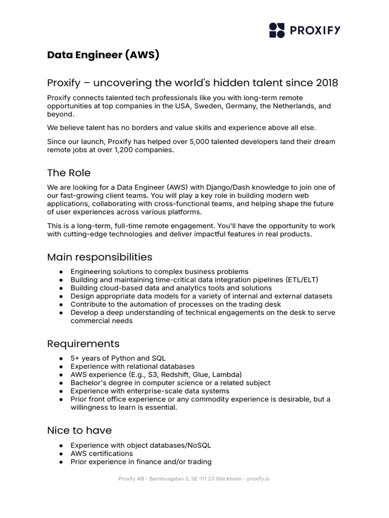 AWS Data Engineer Role at Proxify | PDF | Amazon Web Services | Databases