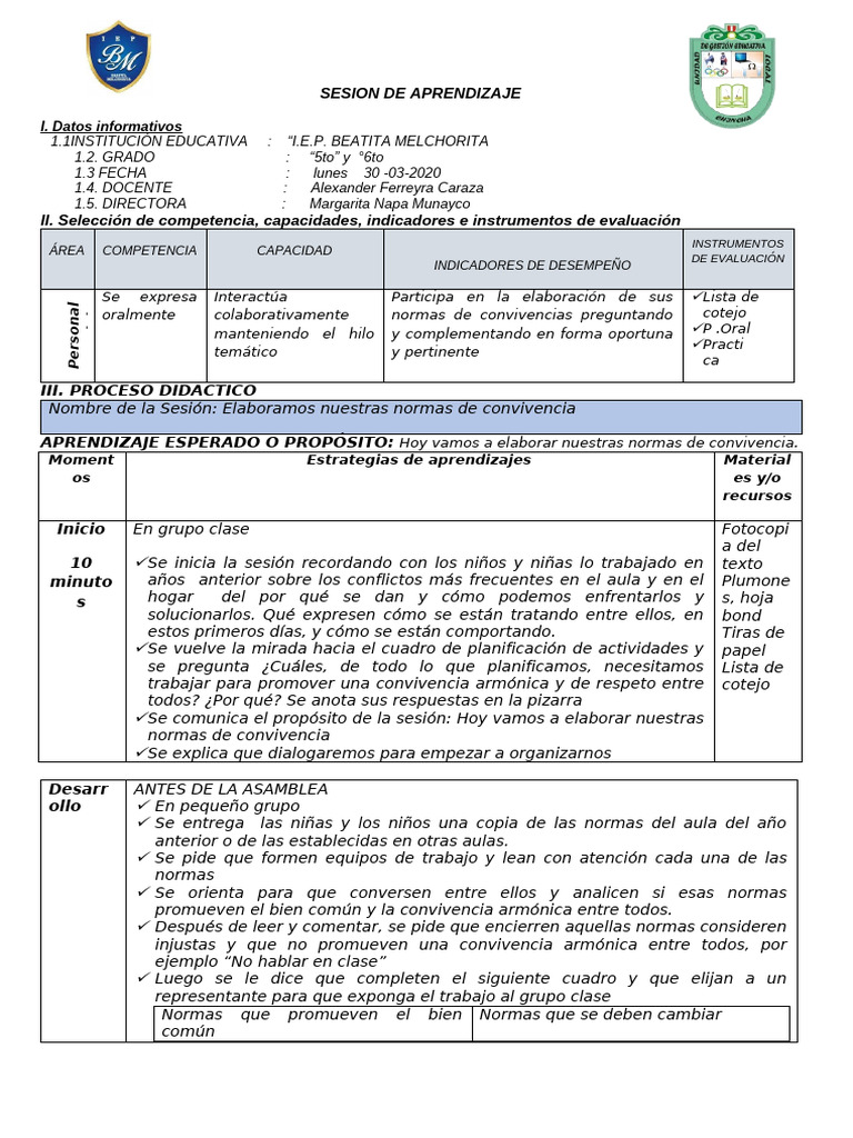 Normas de convivencia en el aula 5to y 6to | PDF | Aprendizaje