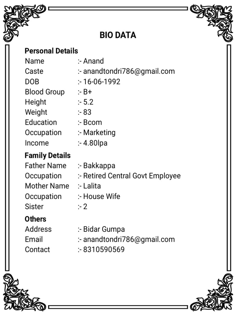 Biodata Form for Anand | PDF