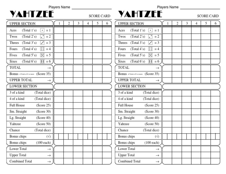 Yahtzee score sheet
