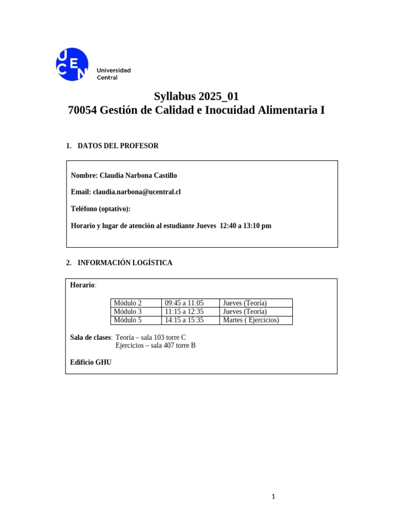 Gestión de Calidad e Inocuidad Alimentaria I Syllabus 2025 - 01 Rev ...