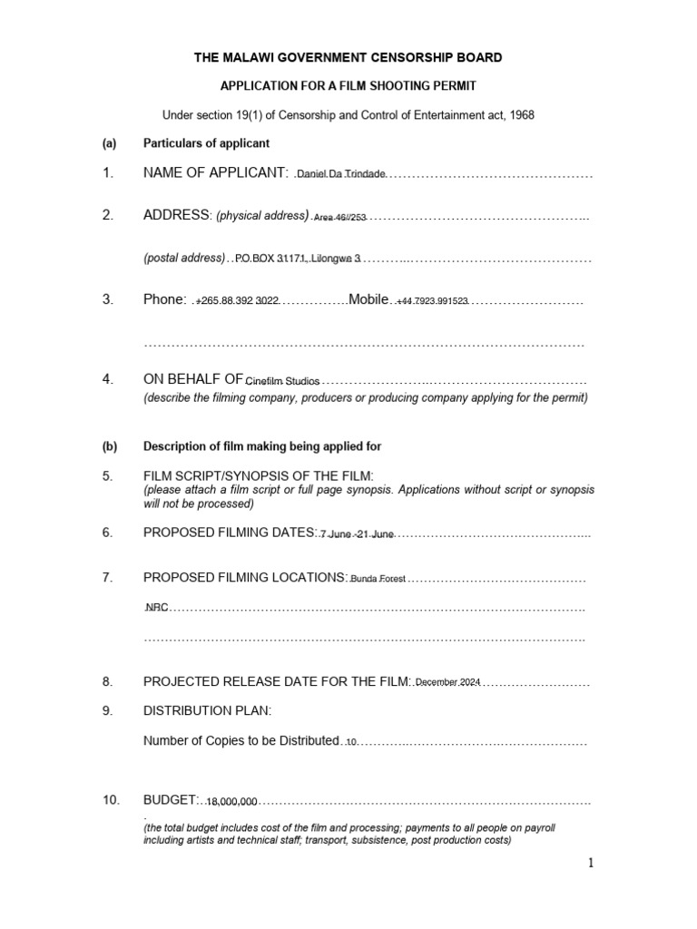 Malawi Film Shooting Permit Application | PDF | Chess Theory | Chess