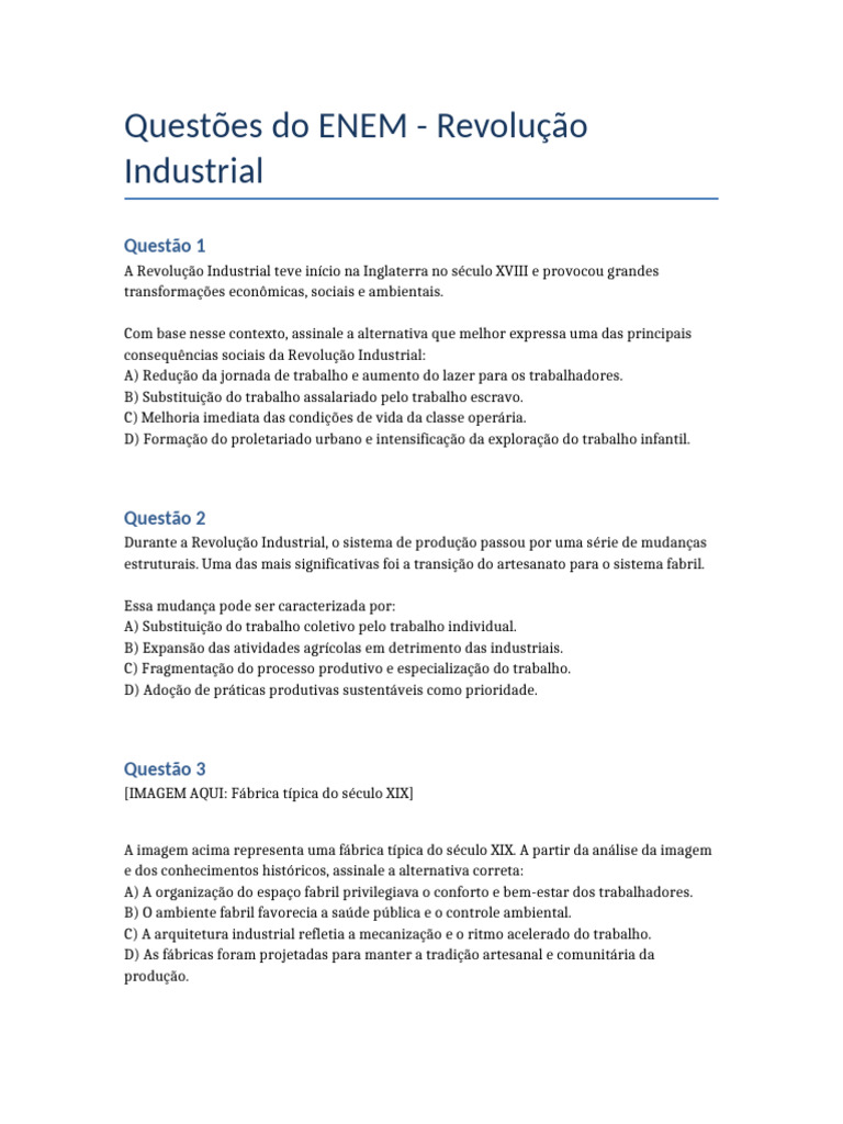 Questões ENEM sobre Revolução Industrial | PDF