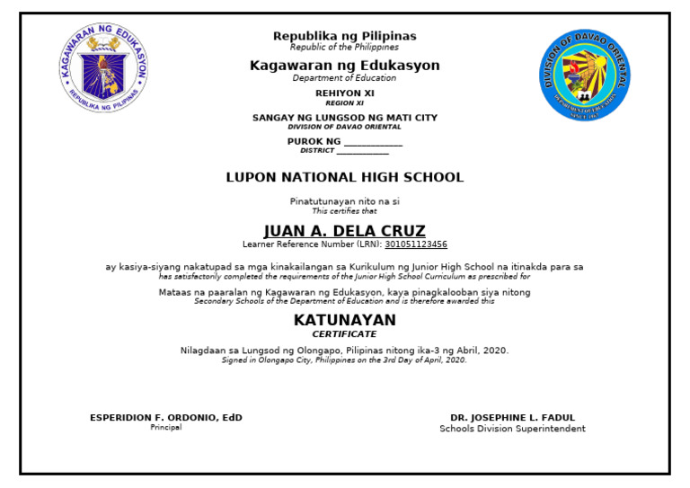 Certificate of Completion Junior High School | PDF