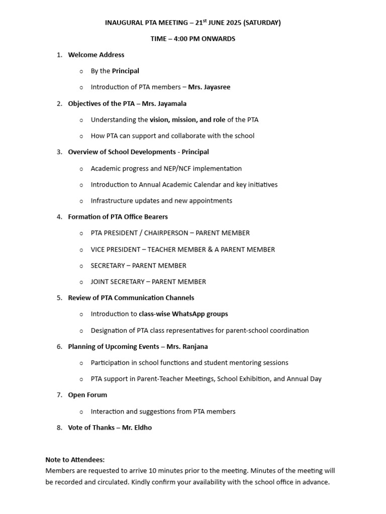 Inaugural PTA Meeting Agenda 2025 | PDF