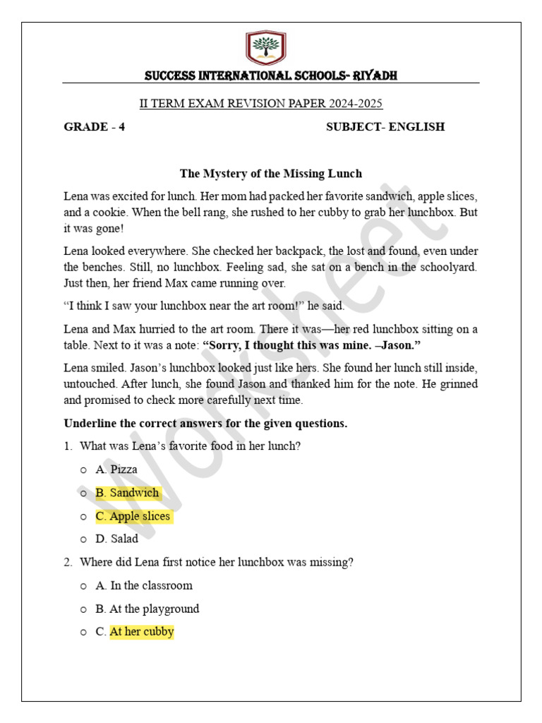 Grade 4 English Exam Revision 2024-2025 | PDF