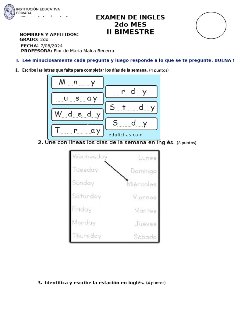 Examen de Inglés para 2do Grado | PDF