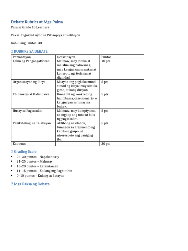 Debate Rubrics at Mga Paksa Grade10 | PDF