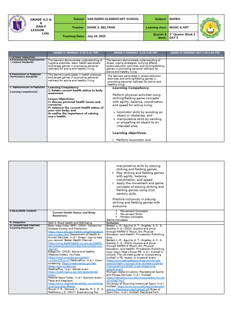 Grade 4-6 MAPEH Daily Lesson Plan | PDF | Body Mass Index