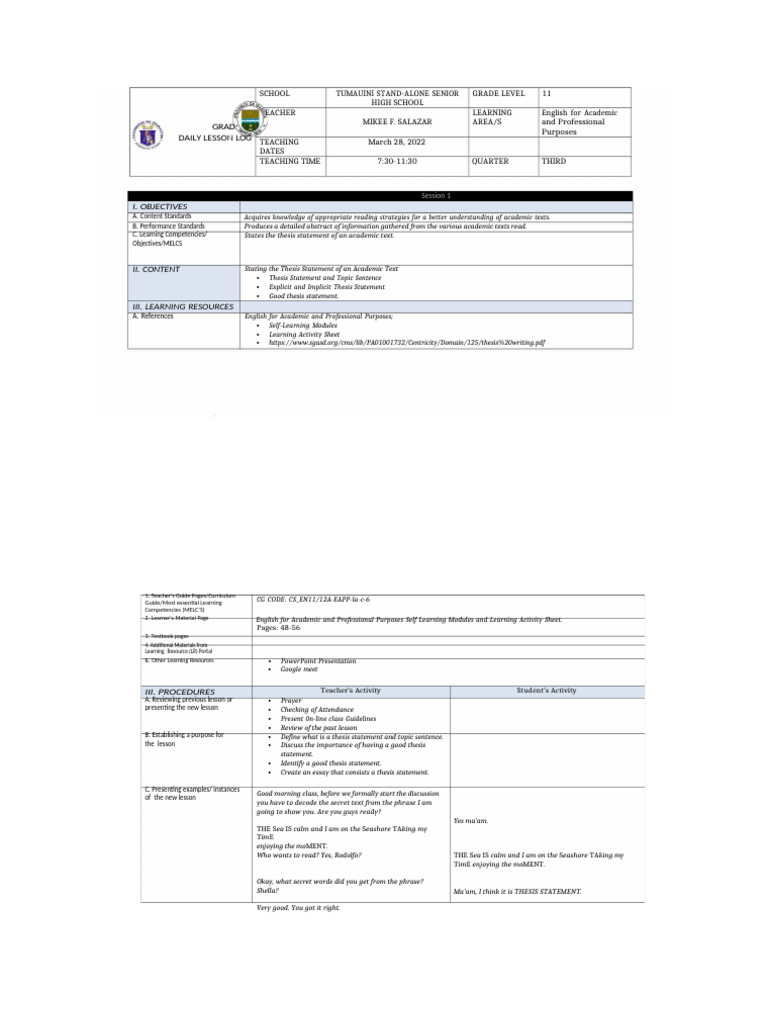 1lesson Plan Thesis Statement - Compress | PDF | Thesis | Essays