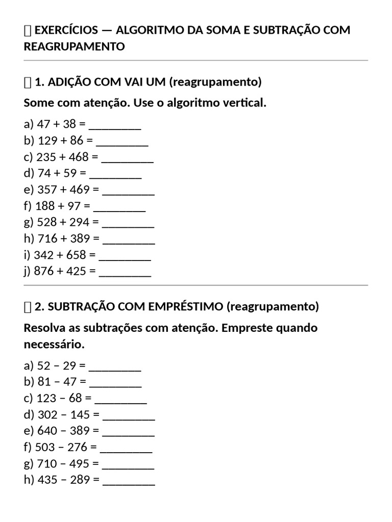 Exercícios de Adição e Subtração com Reagrupamento | PDF