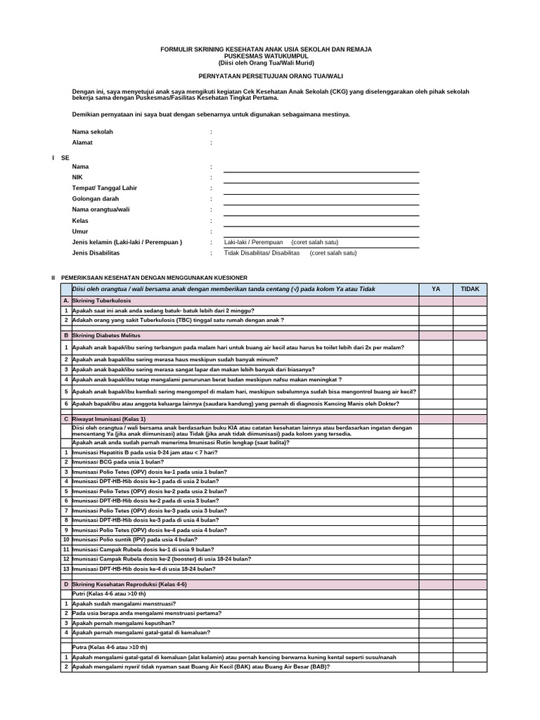 Formulir Skrining Kesehatan Anak SD | PDF
