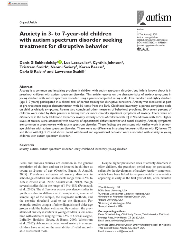 Anxiety in 3 - To 7-Year-Old Children With Autism Spectrum Disorder ...