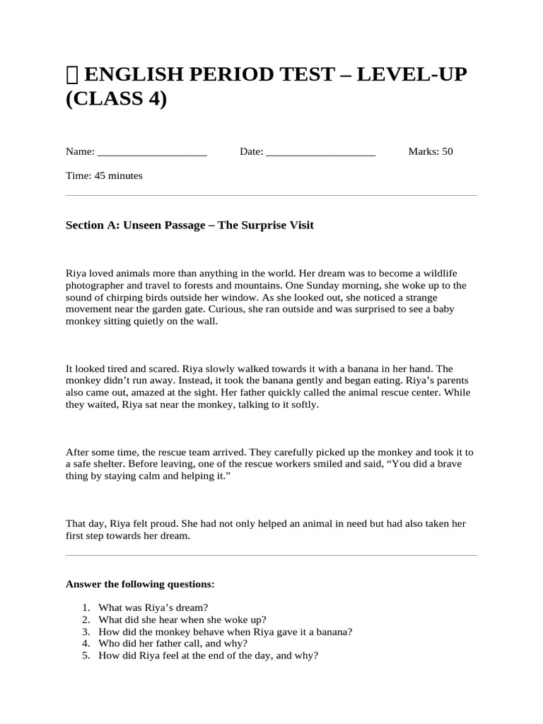 English Test for Class 4 Students | PDF | Syntax | Linguistics