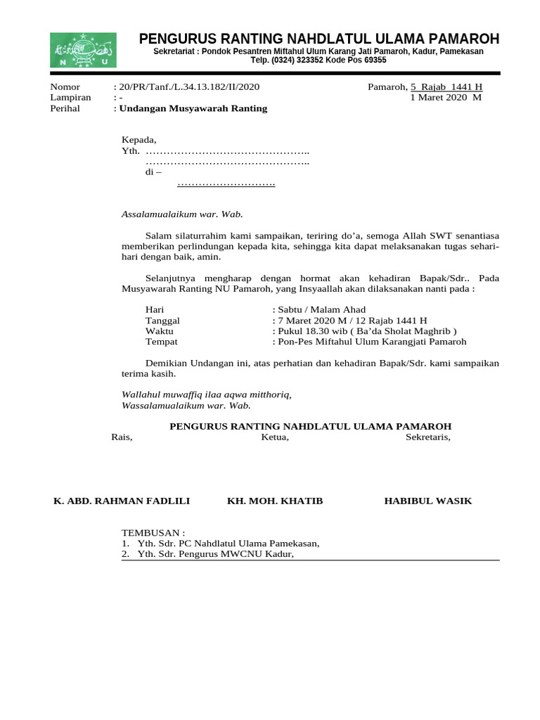 Undangan Musyawarah Ranting NU Pamaroh | PDF