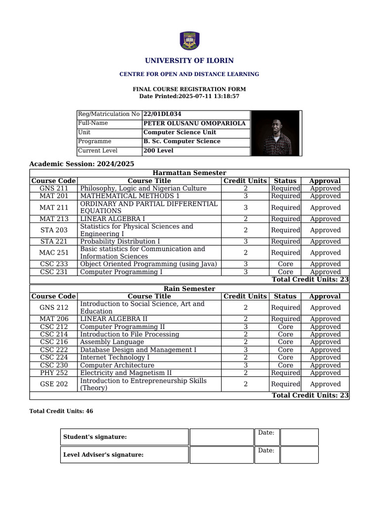 University of Ilorin Course Registration Form | PDF | Computer Science ...