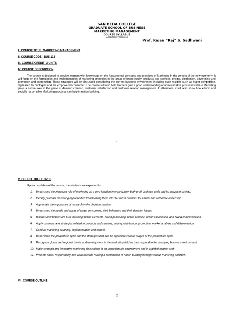 Marketing Management Course Syllabus | PDF | Marketing | Brand