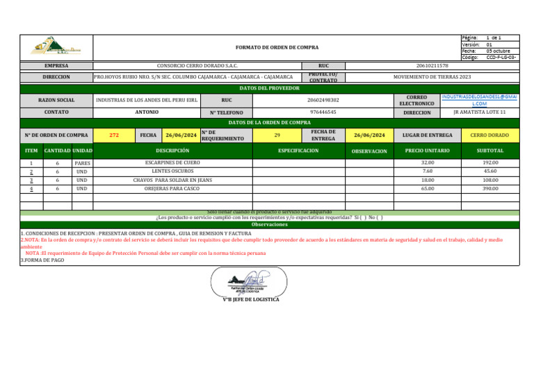 Orden de Compra - Consorcio Cerro Dorado | PDF | Industrias de servicio