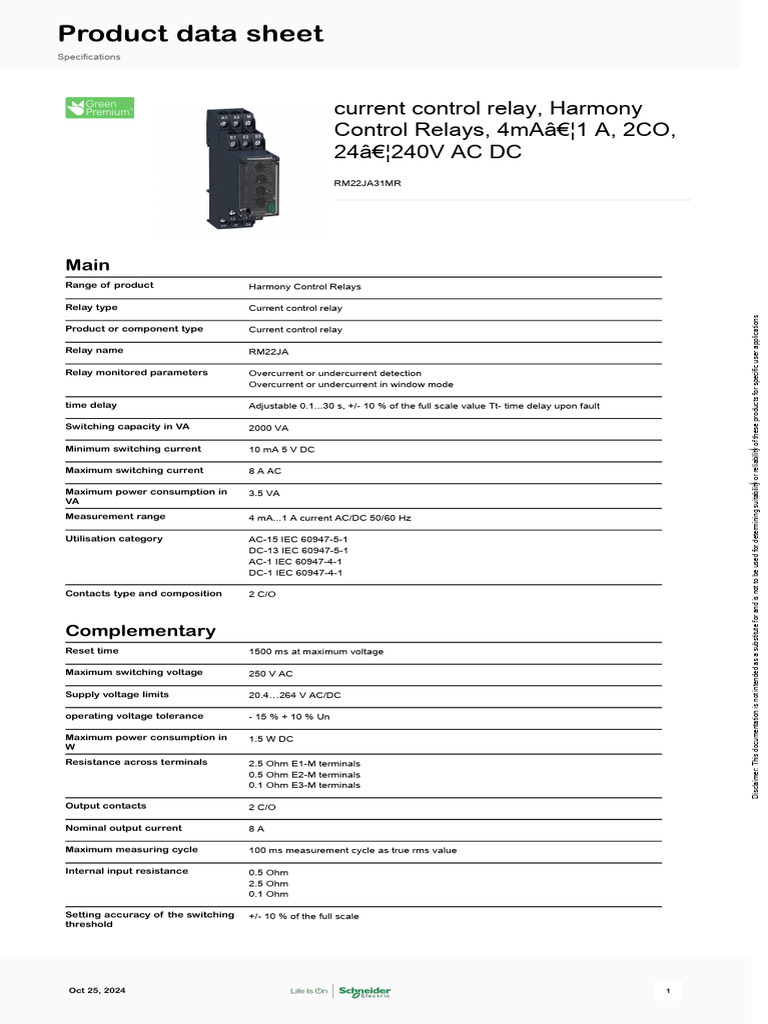 RM22JA Current Control Relay Specs | PDF | Relay | Electromagnetism