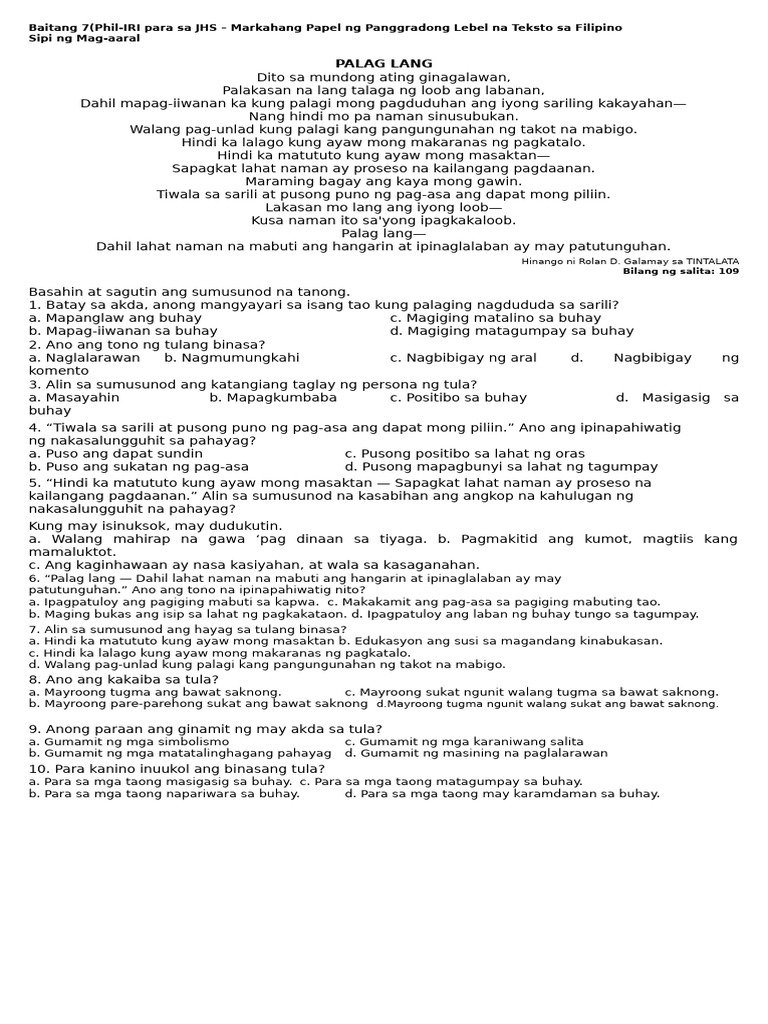 Baitang 7 - Pre Test - LC | PDF