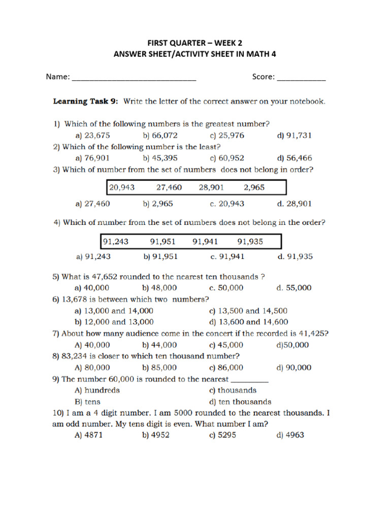 Activity Sheet Math4 Week2 | PDF